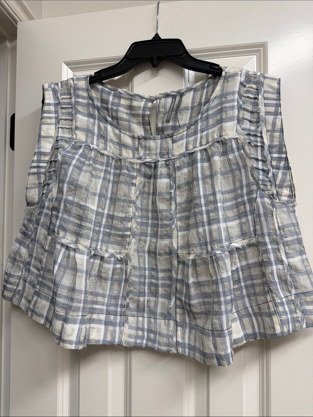 Anthropologie Light Blue and White Plaid Sleeveless Crop Tunic